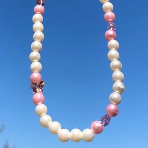 handmade ivory/white & pink beaded necklace